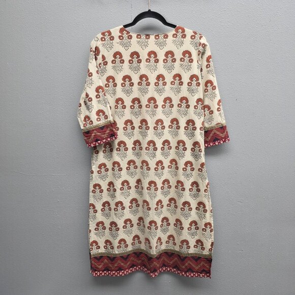 STOP everywear Tunic Shirt Womens Large Cream Red Block Print Kurta Cotton Boho - Picture 5 of 10